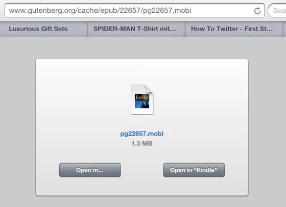 While accessing .mobi files Safari offers a dialog to 'Open in Kindle'