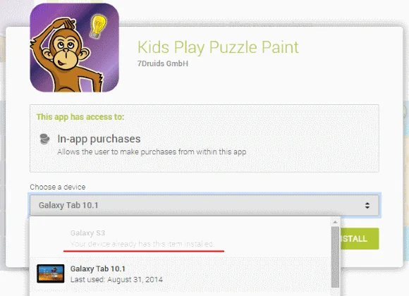Finding out on which device the app has been installed is visible in the drop down selection.