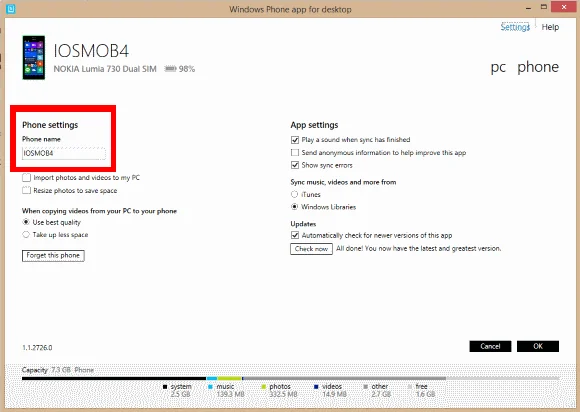Change name of Windows Phone 8.1 device in Windows Phone App for Desktop