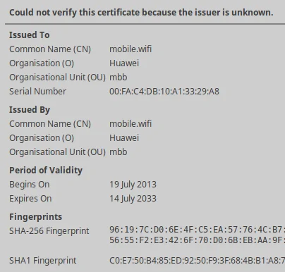 Valid self-signed SSL certificate in Huawei B310S modem