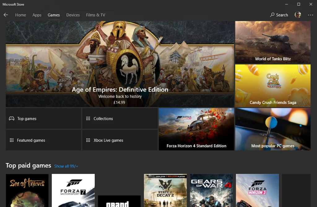 Explore and browse the Games section in the Microsoft Store