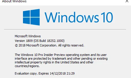 Using Windows 10 Insider - build version 1809 (17.10.2018)