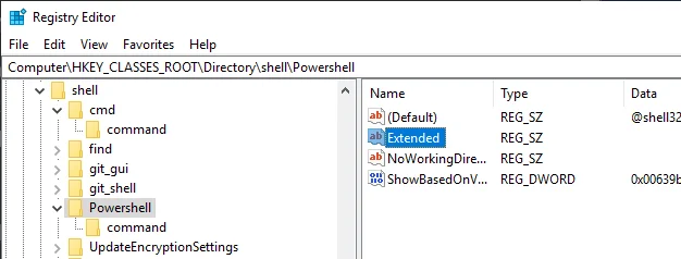 Access PowerShell in context menu: Remove or rename the Extended key
