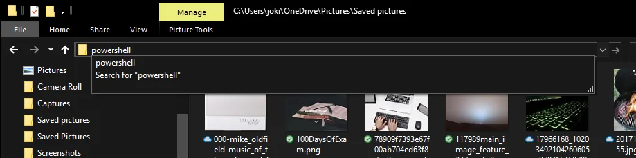Simply type powershell into the address bar and hit Enter