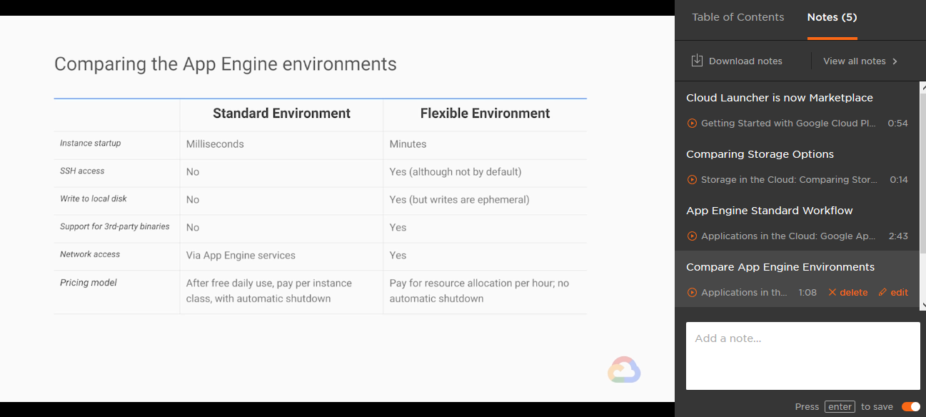 Another video Note taken to compare the App Engine environments