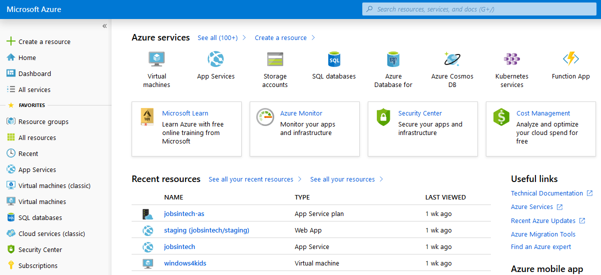 Portal home page of Microsoft Azure