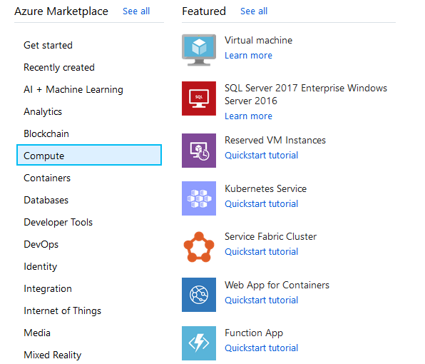 Featured options in the Compute section of the Azure Marketplace
