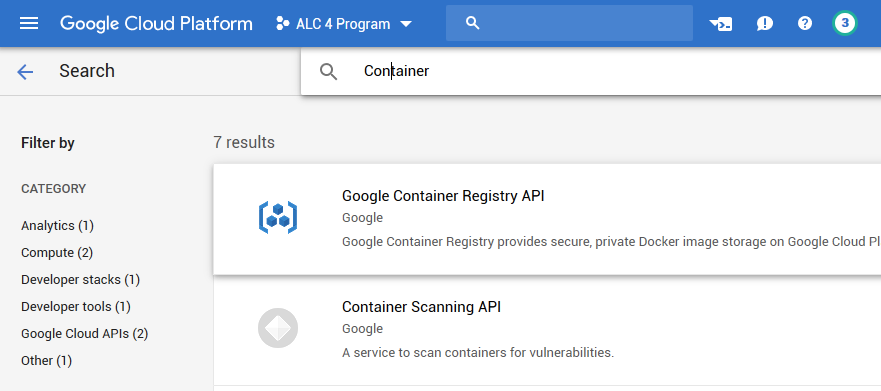 Choose the Google Container Registry API in the library