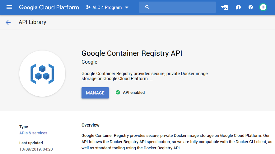 API for Google Container Registry has to be enabled