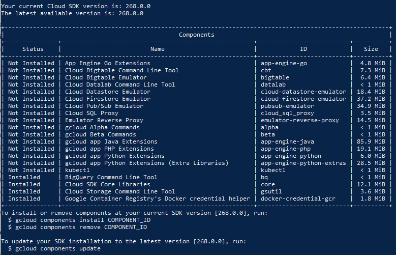List of gcloud components and installation status