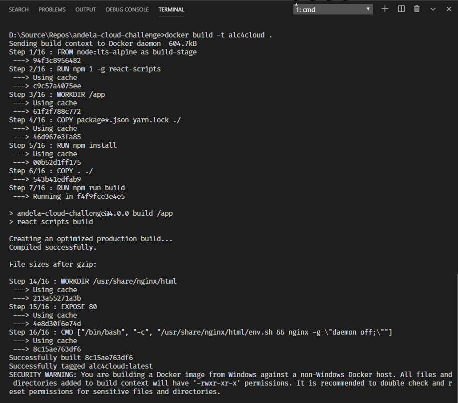 Successful build of image. Our React app has been containerised.