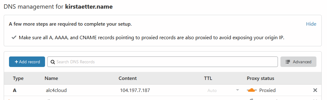 Using an A record in DNS to abstract the external IP address of the cluster