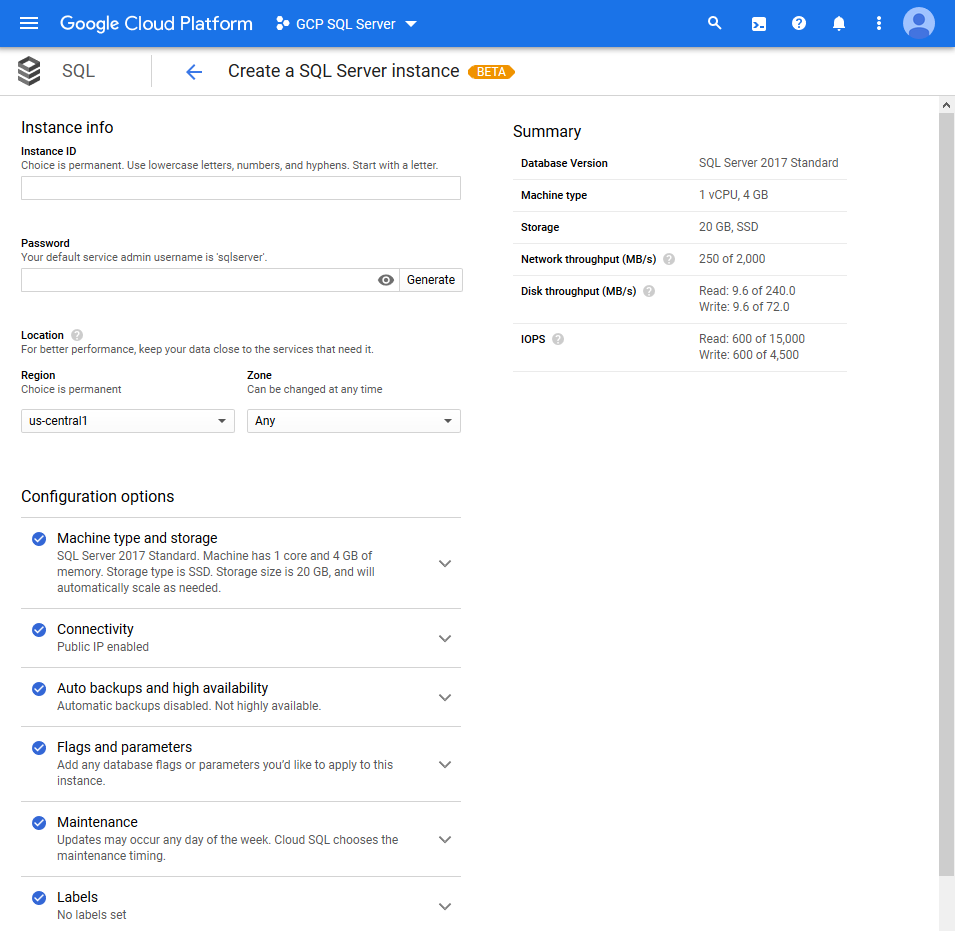 Wide range of options to configure a SQL Server based Cloud SQL instance