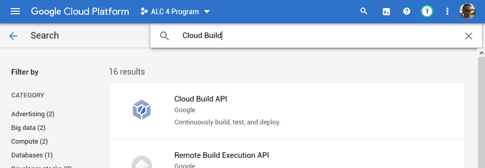 Search for "Cloud Build" in the API Library