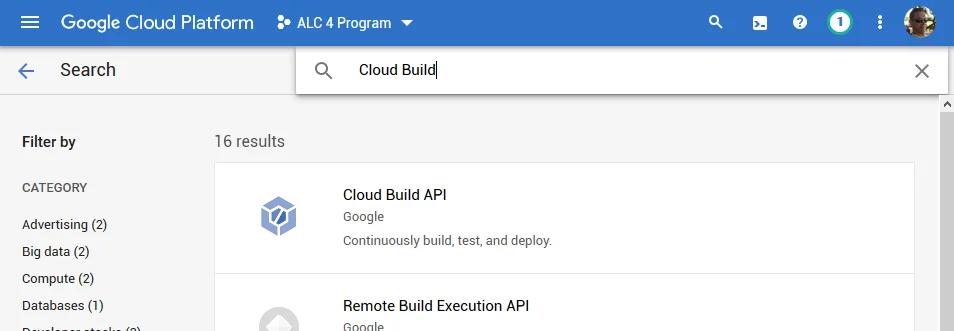 Search for "Cloud Build" in the API Library