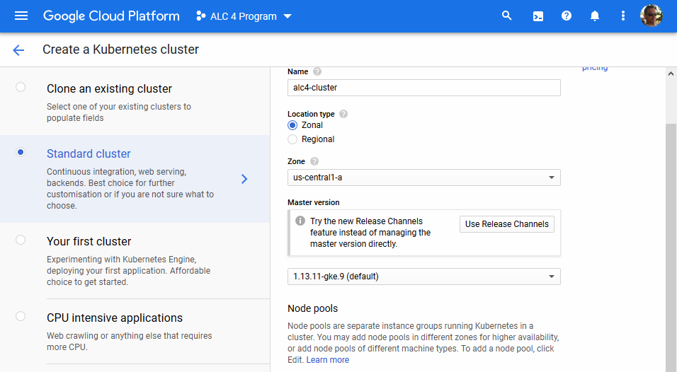 Various templates to choose from to create a cluster