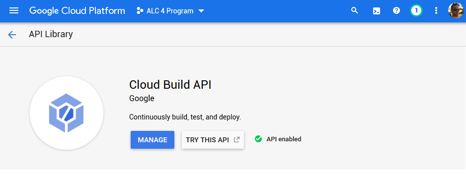 Cloud Build API has been enabled and is ready to use