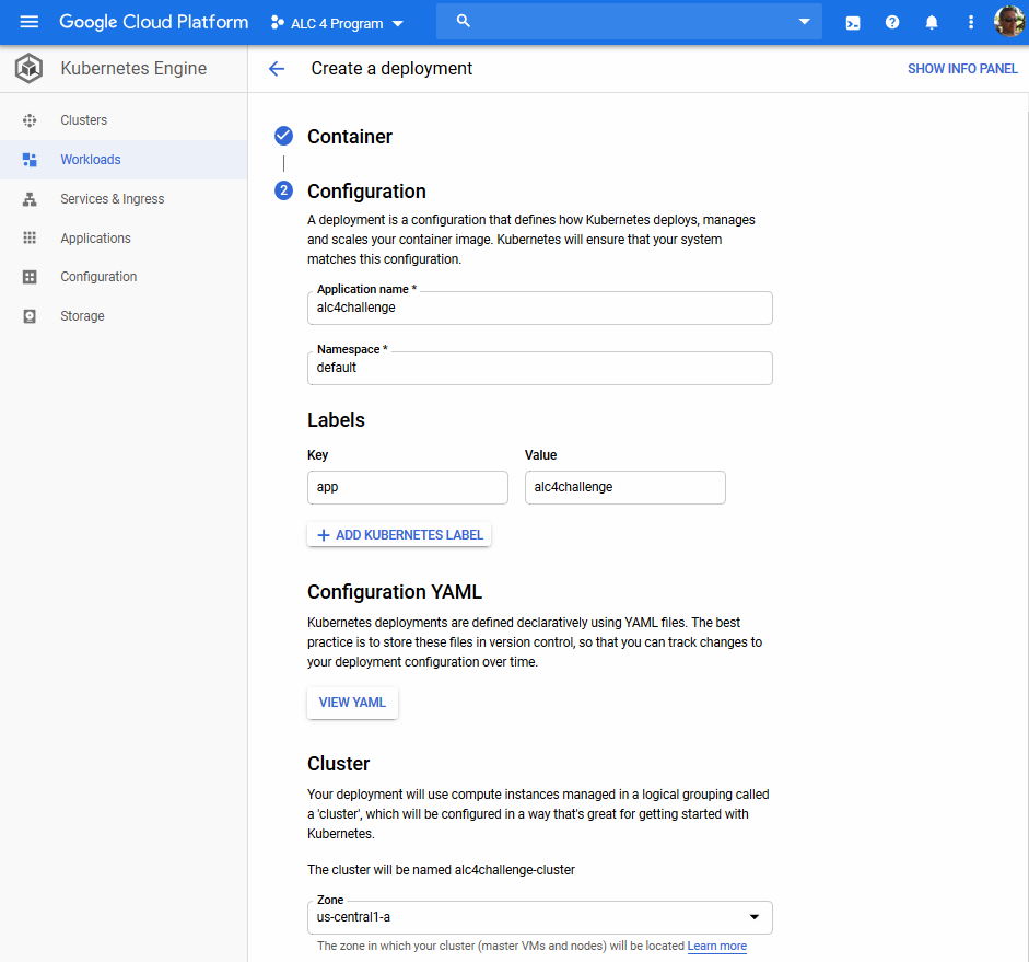 Complete the compulsory values for the deployment configuration