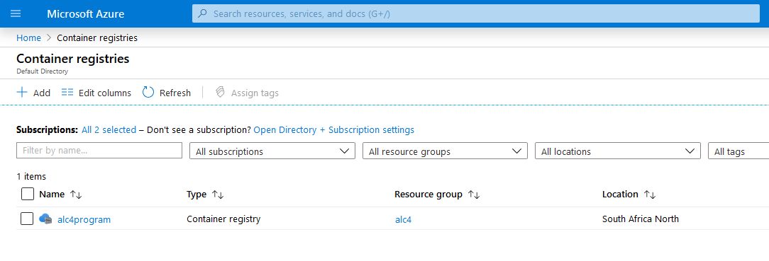 Azure Container Registry created and ready to store images
