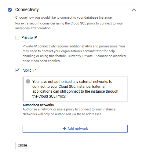 Default access to Cloud SQL suggests use of Cloud SQL Proxy