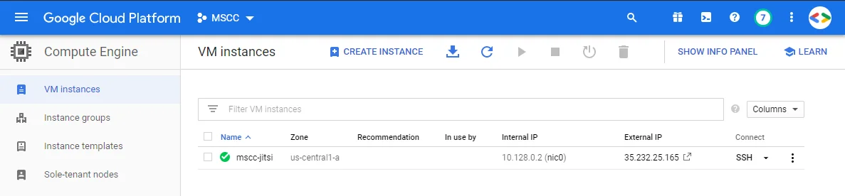Overview of VM instances with External IP address and SSH access
