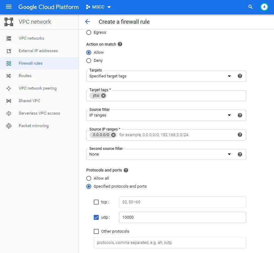 Firewall rule to allow access to UDP port 10000 on any tagged VM instance