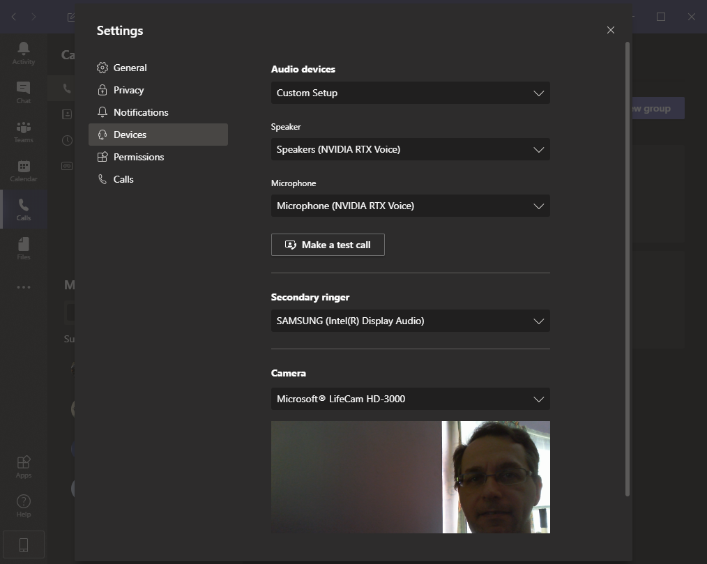 Configuring Microsoft Teams to use NVIDIA RTX Voice devices