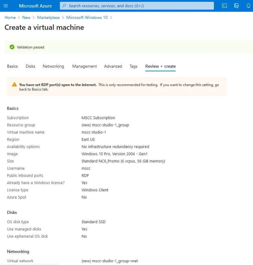 Summary of the VM parameters. Ready to deploy.