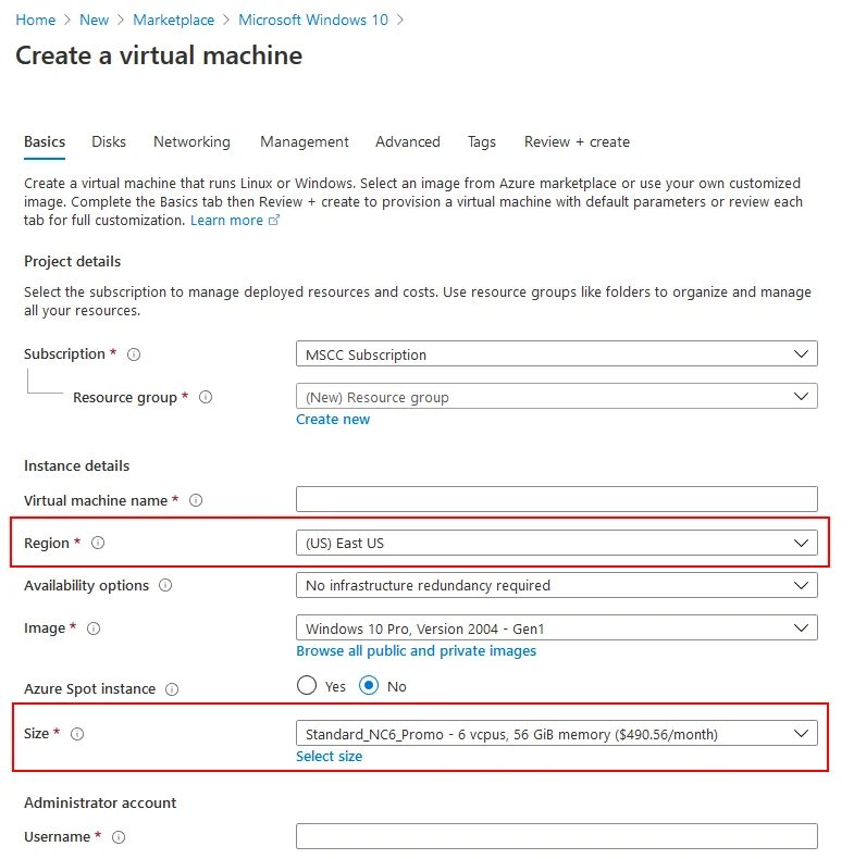 Pay attention to the selection of Region and Size of your VM