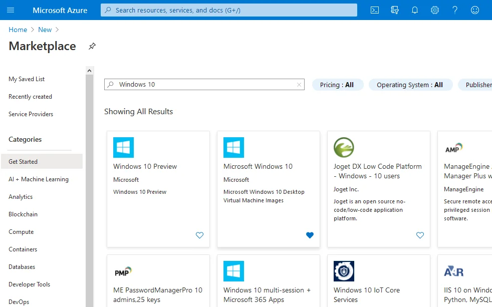 Choose the Windows 10 image in the Azure Marketplace