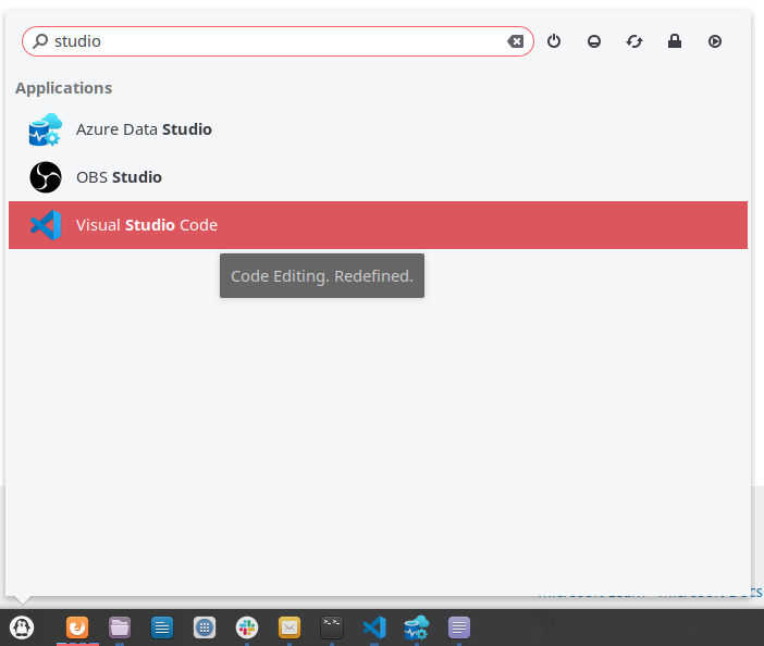 Azure Data Studio and Visual Studio Code shown in the application menu