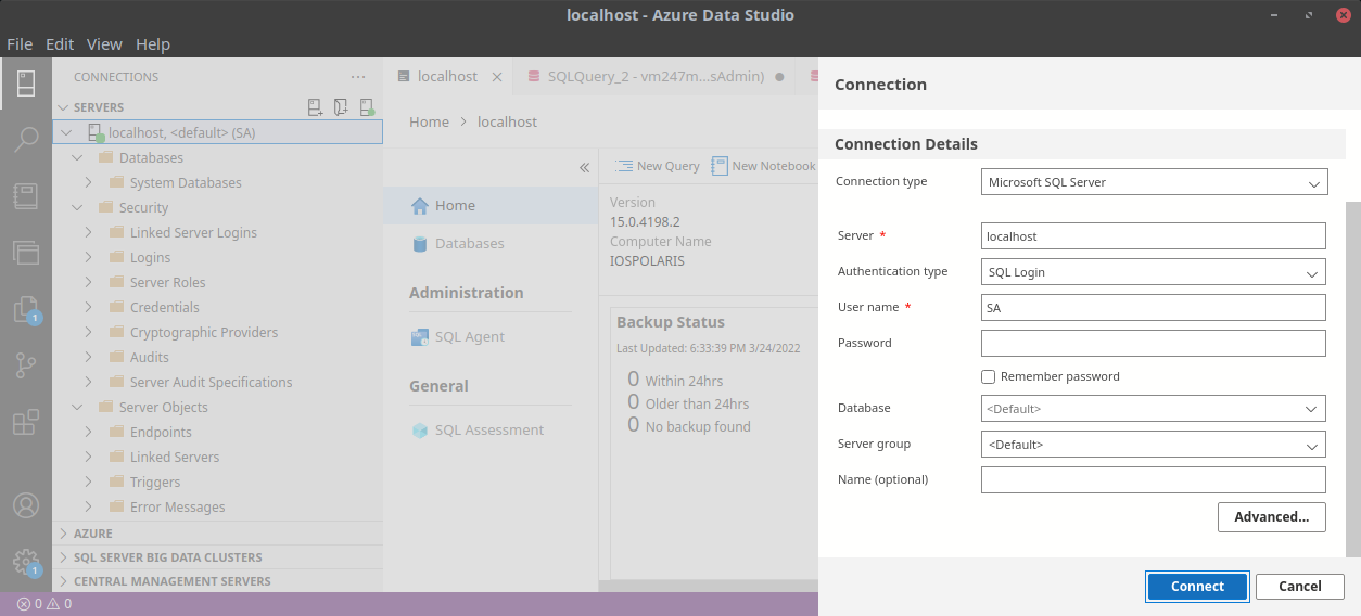 Add a connection to a local instance of SQL Server in Azure Data Studio
