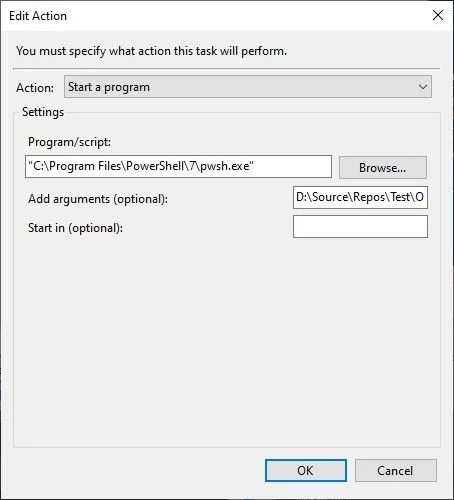 Show of the task launching an instance PowerShell (Core) and executing a script 