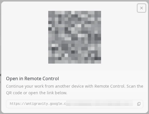 Scanning the QR code or opening the direct session link on mobile Antigravity Desktop Open in Remote Control Modal