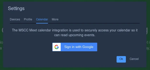 Settings modal showing Google Sign-in