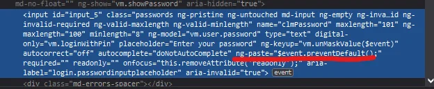 Inspecting the password input in Chrome DevTools on the Mauritius Telecom Selfcare portal