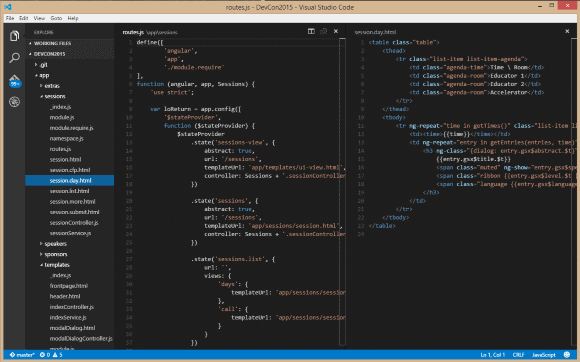 Showing source code of an AngularJS web app with controller and partial view next to each other in Visual Studio Code