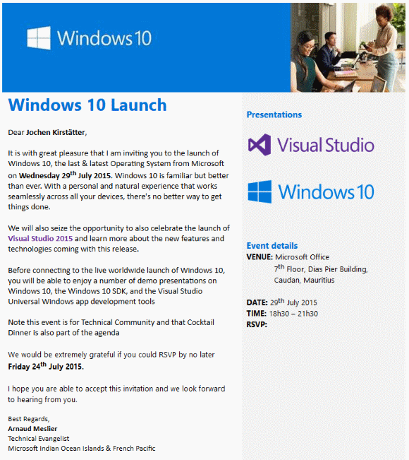 Windows 10 official event invitation at Microsoft Indian Ocean Islands & French Pacific