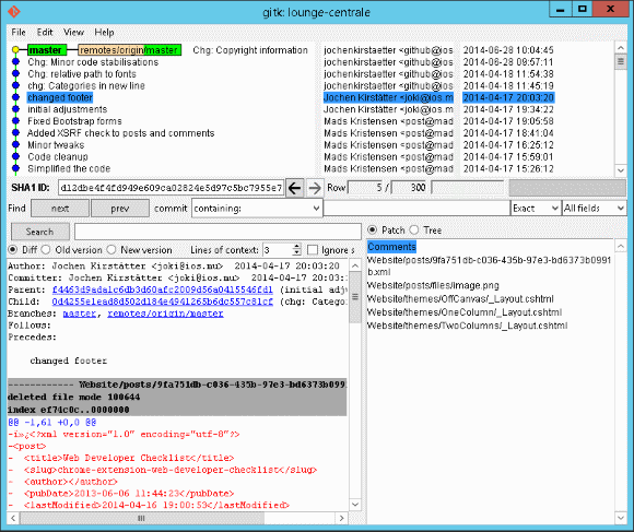 Using gitk to display and browse information of a local git repository.