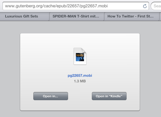 While accessing .mobi files Safari offers a dialog to 'Open in Kindle'