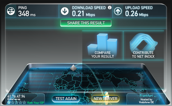 Speedtest.net result of 31.05.2013 between Flic en Flac and Frankfurt, Germany