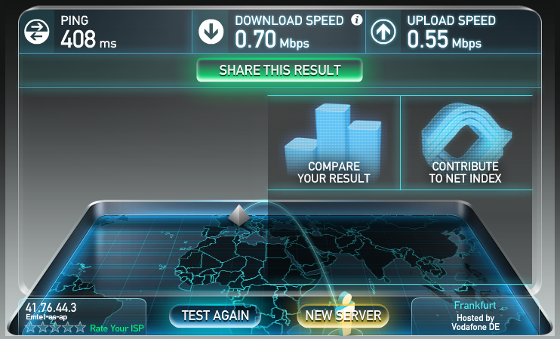 Speedtest.net result of 30.05.2013 between Flic en Flac and Frankfurt, Germany