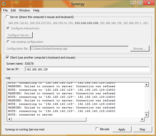 Client configuration of Synergy, here Windows 8